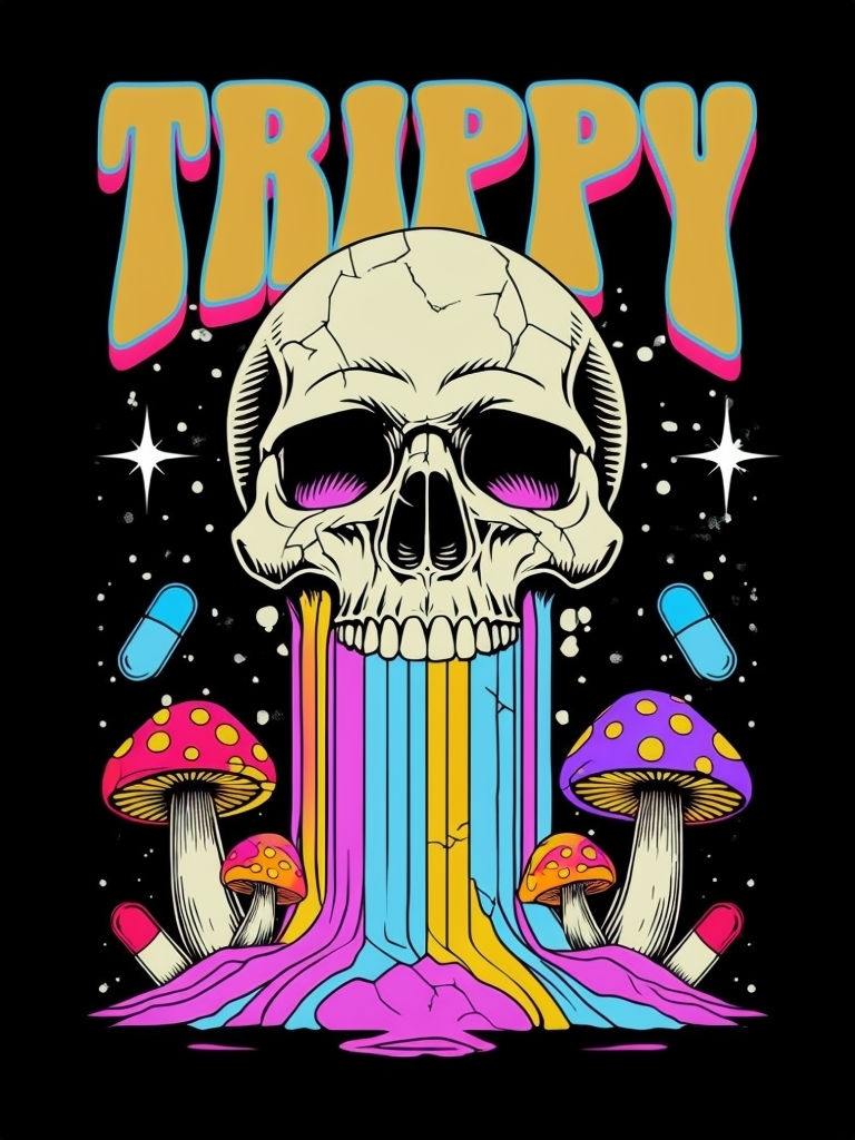 Psychedelic Skull and Colorful Mushrooms Trippy T-Shirt