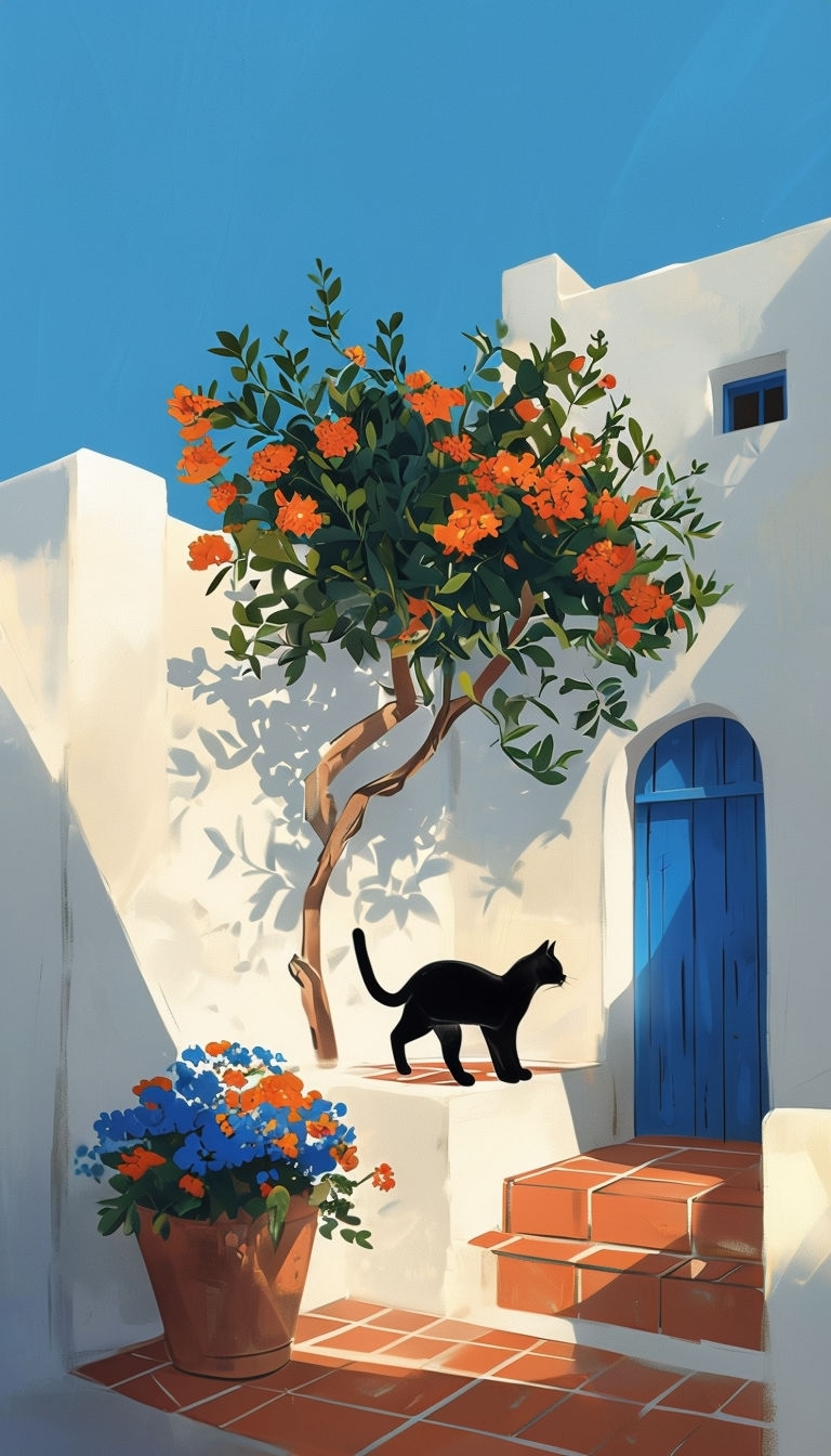 Stylized Mediterranean Courtyard Illustration with Cat Art