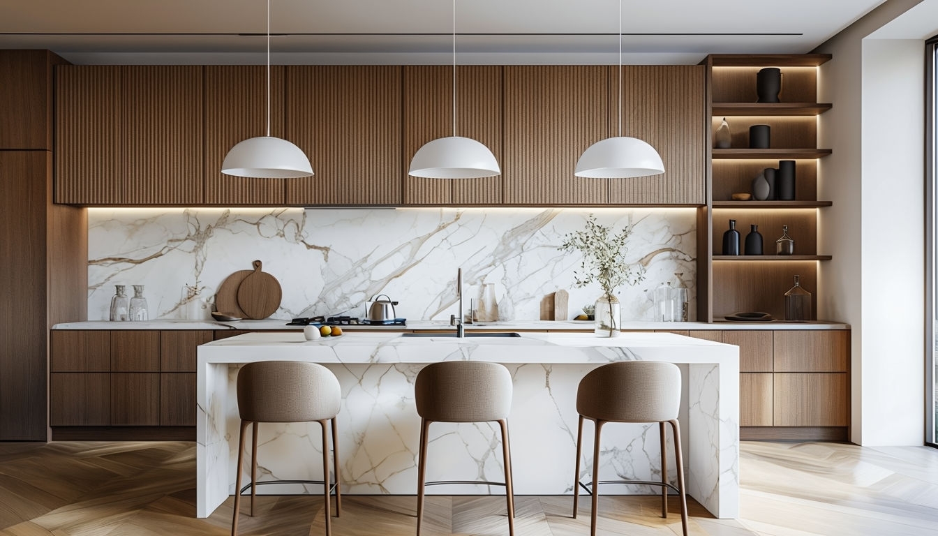 Minimalist Modern Kitchen Interior with Marble Island Virtual Backgrounds
