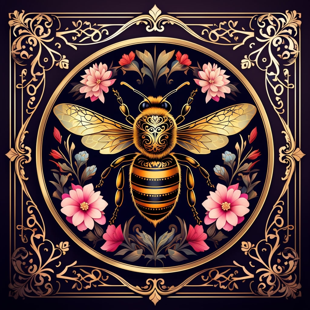 Intricate Bee Design with Floral Motifs and Golden Frame Pattern