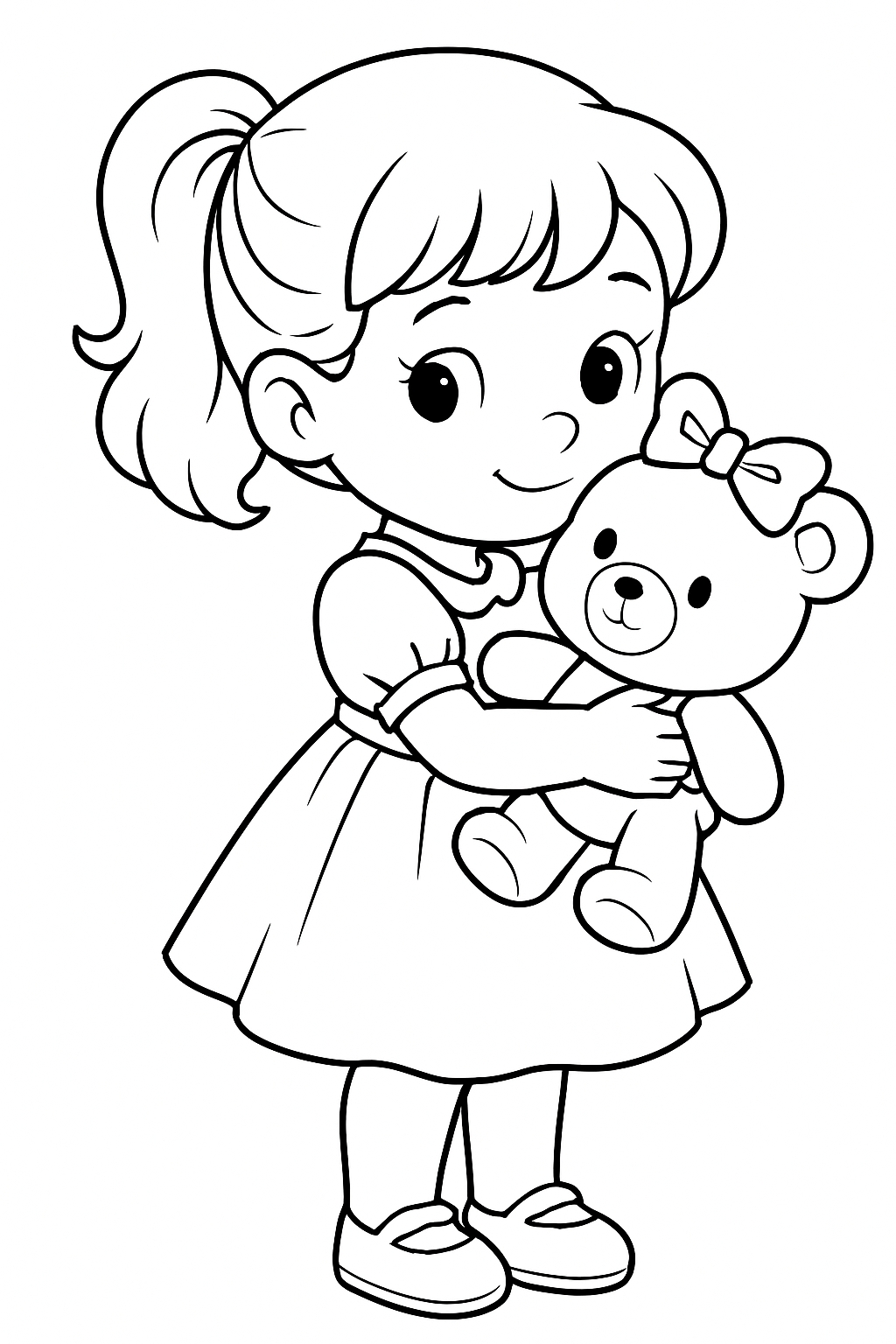 Heartwarming Line Drawing of Girl with Teddy Bear Coloring Book Pages