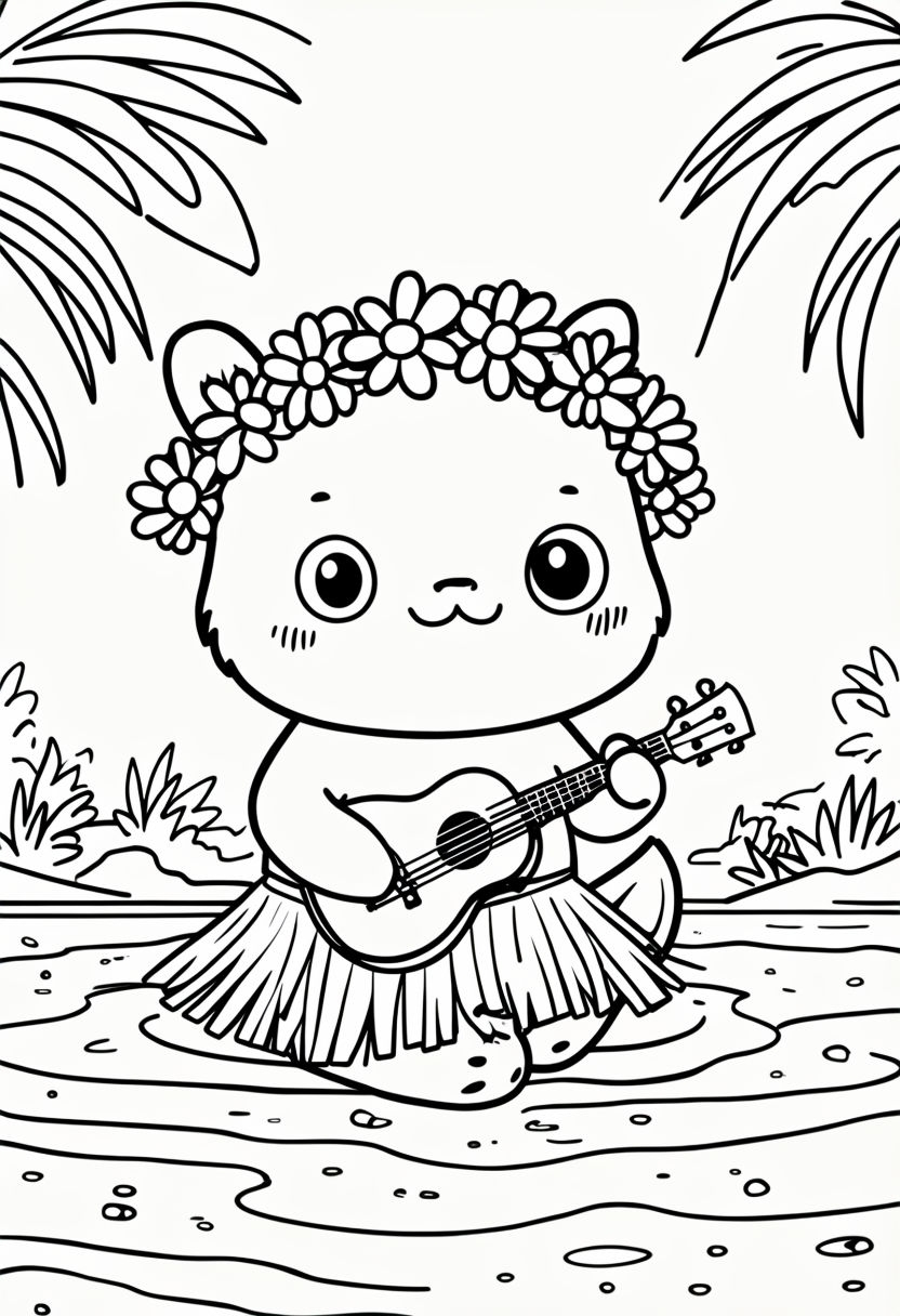 Adorable Kawaii Character with Ukulele and Flower Crown Art