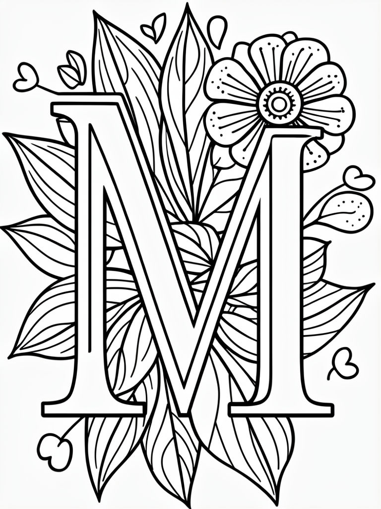 Stylized Letter M Surrounded by Floral Designs Coloring Page