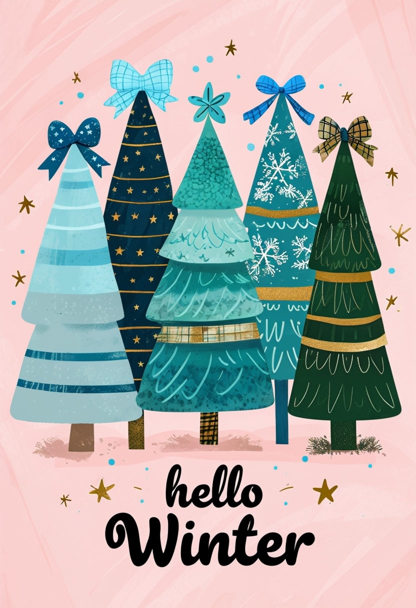 Festive Cartoon Christmas Trees with Hello Winter Text Poster