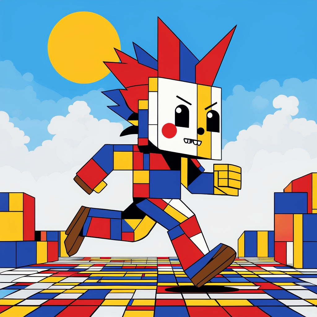 Vibrant Geometric Cartoon Character in Motion Art