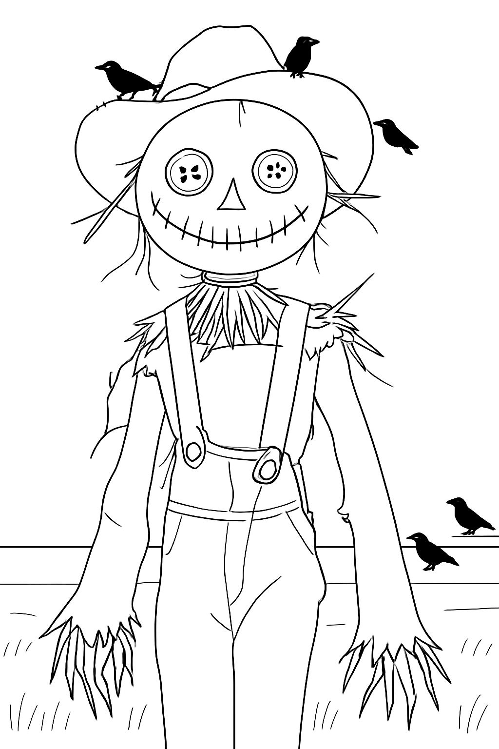 Eerie Black and White Scarecrow Halloween Coloring Page