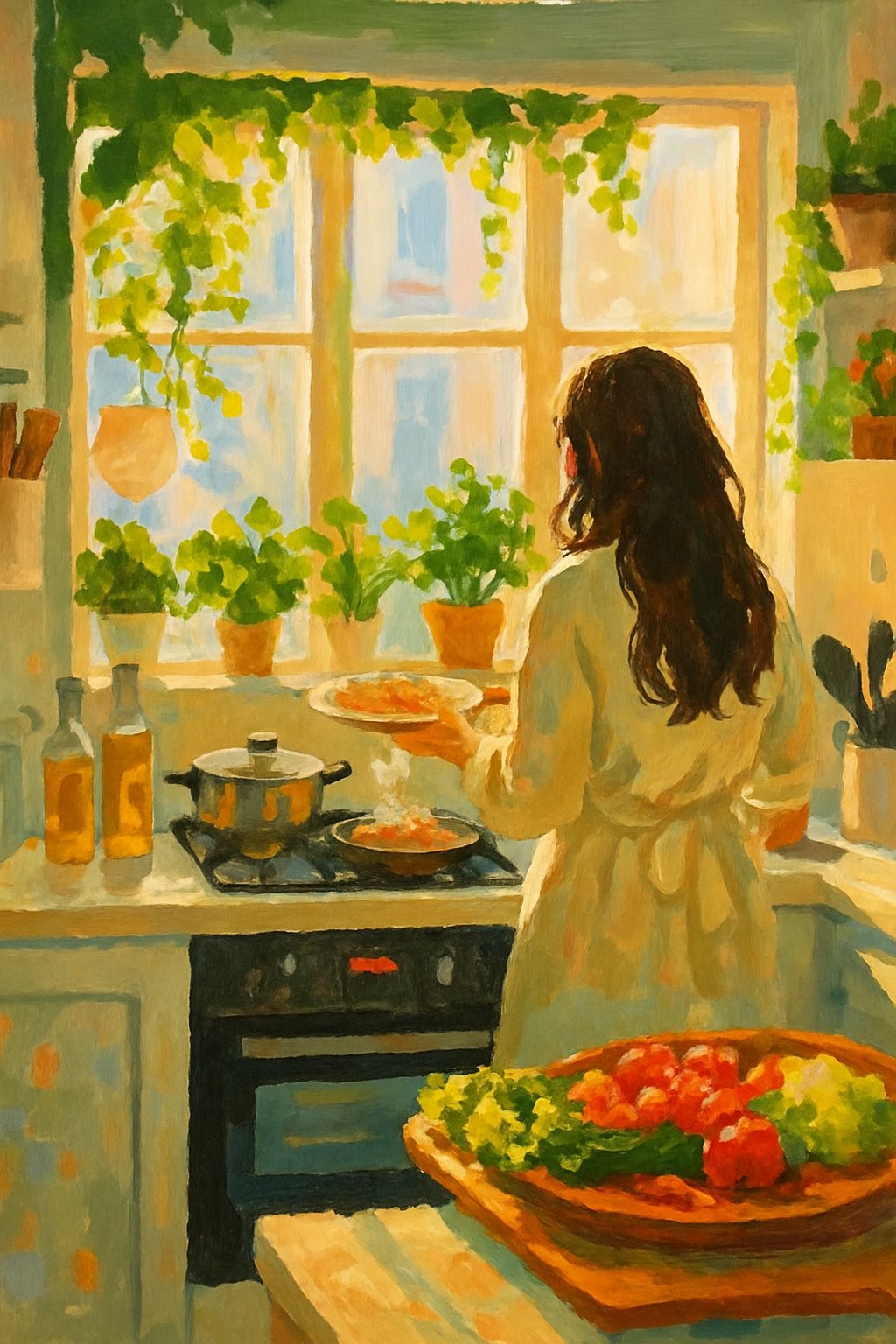 Warm Sunlit Kitchen Scene Impressionistic Painting Art