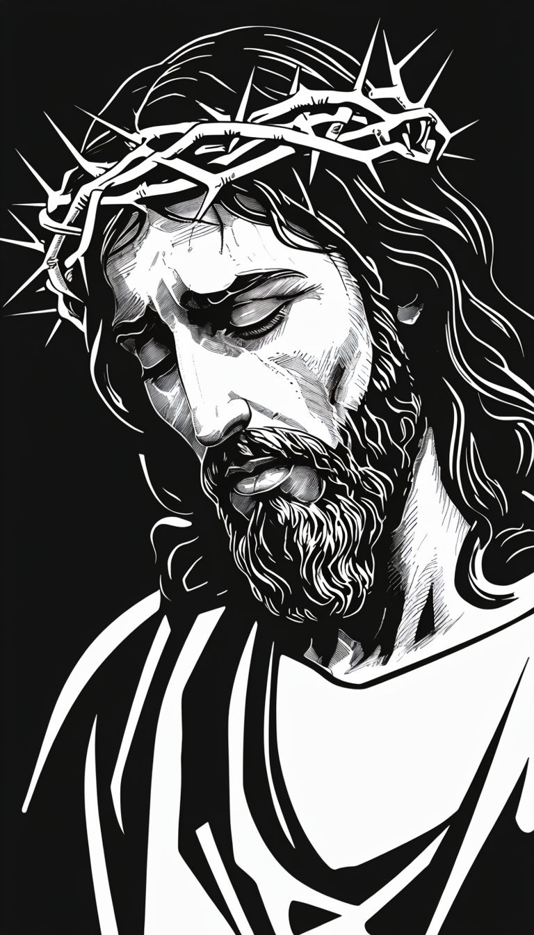 Striking Black and White Jesus Christ Portrait Line Drawing Mobile Wallpaper