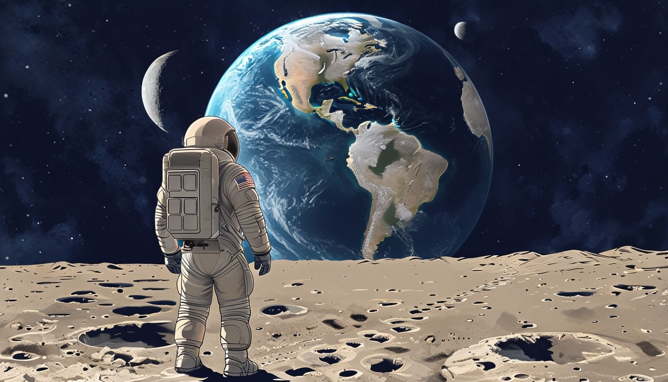 Astronaut on Moon with Earth in Background Digital Art Poster