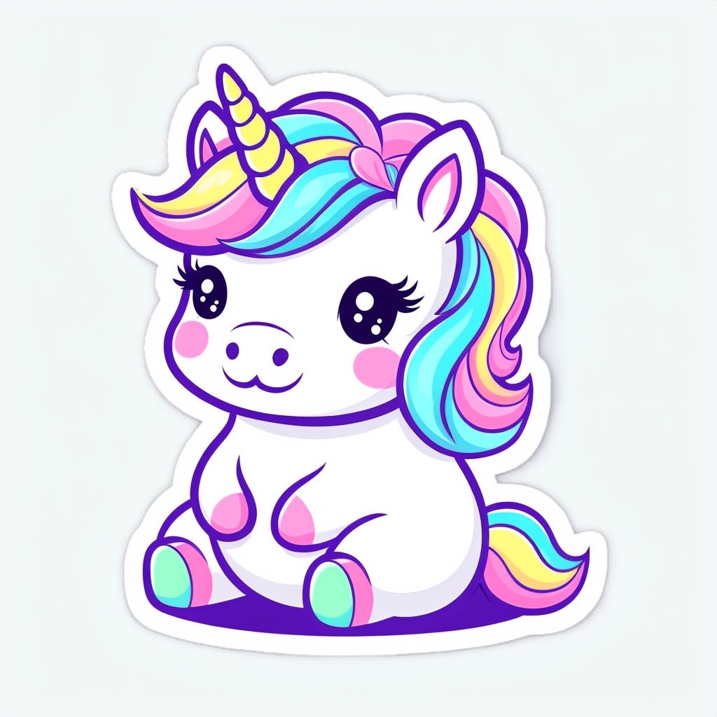 Cute Cartoon Chubby Unicorn Sticker Design with Colorful Mane