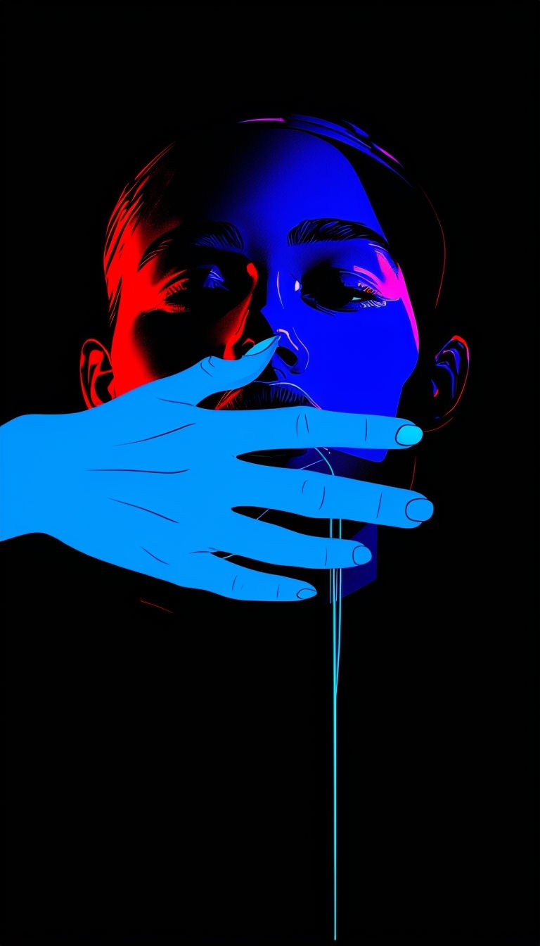 Vibrant Neon Abstract Human Face with Blue Hand Mobile Wallpaper