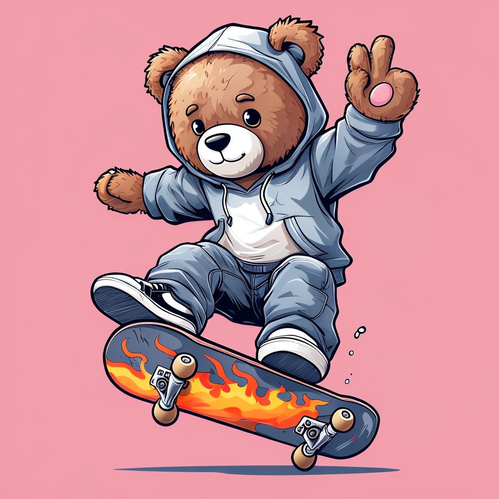 Cool Cartoon Teddy Bear Skateboarding in Streetwear T-Shirt