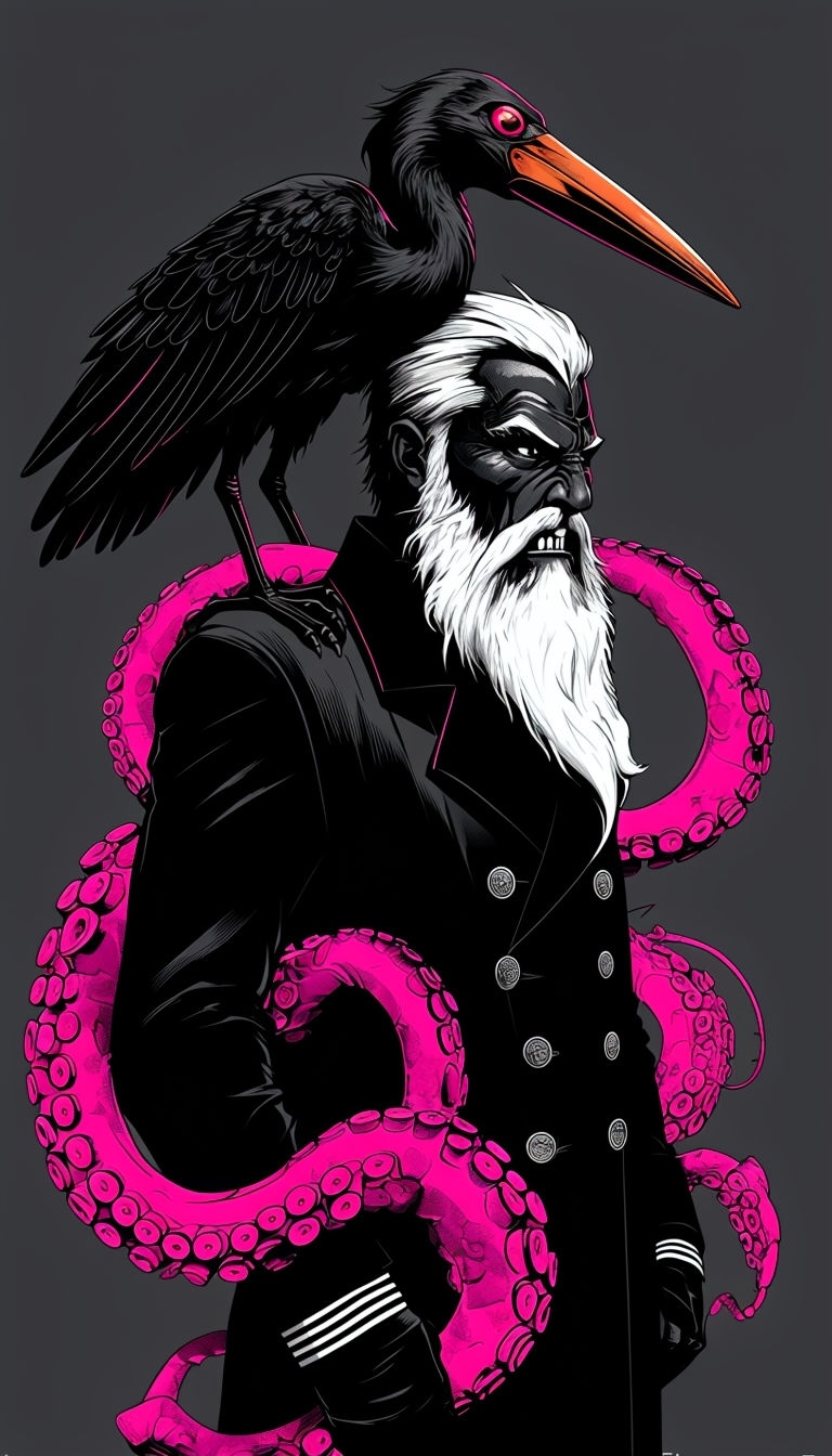 Surreal Black Stork and Neon Tentacle Illustration Mobile Wallpaper