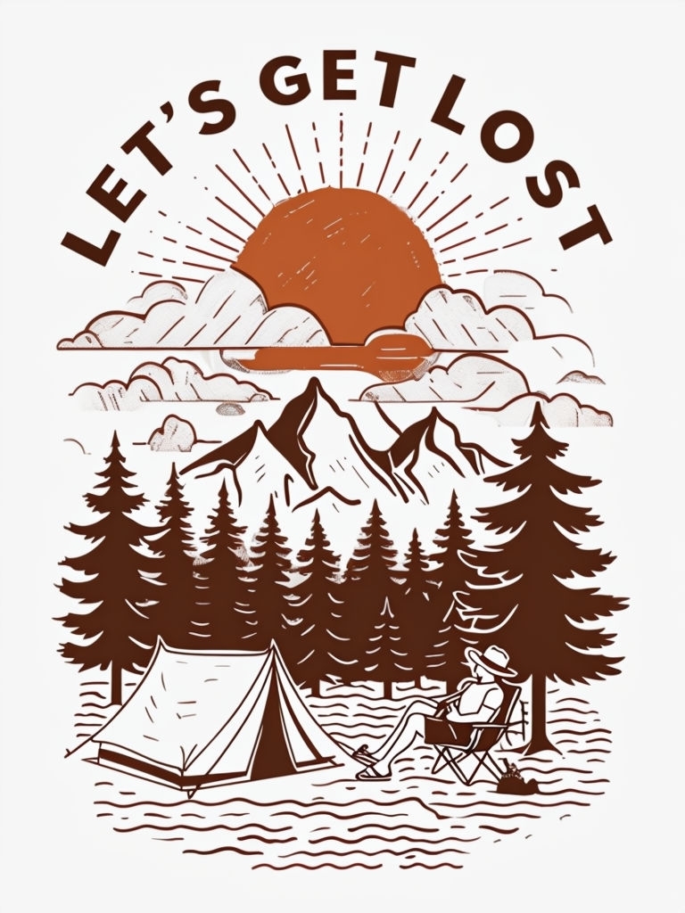 Adventurous Camping Scene with "Let's Get Lost" T-shirt