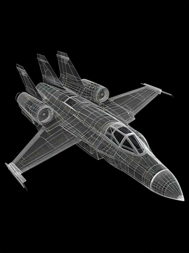 Futuristic Jet Aircraft Wireframe Blueprint Art