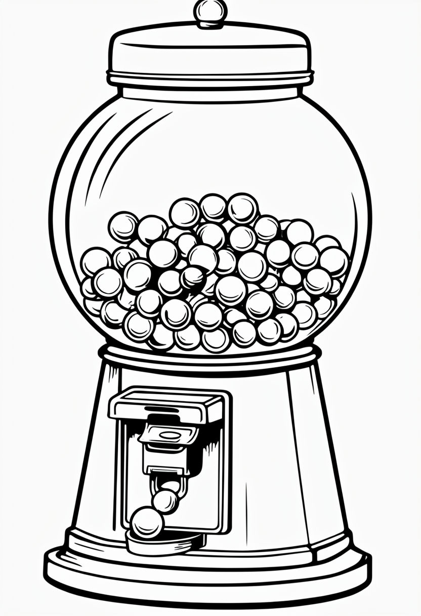 Simple Black and White Gumball Machine Line Drawing Coloring Book Pages