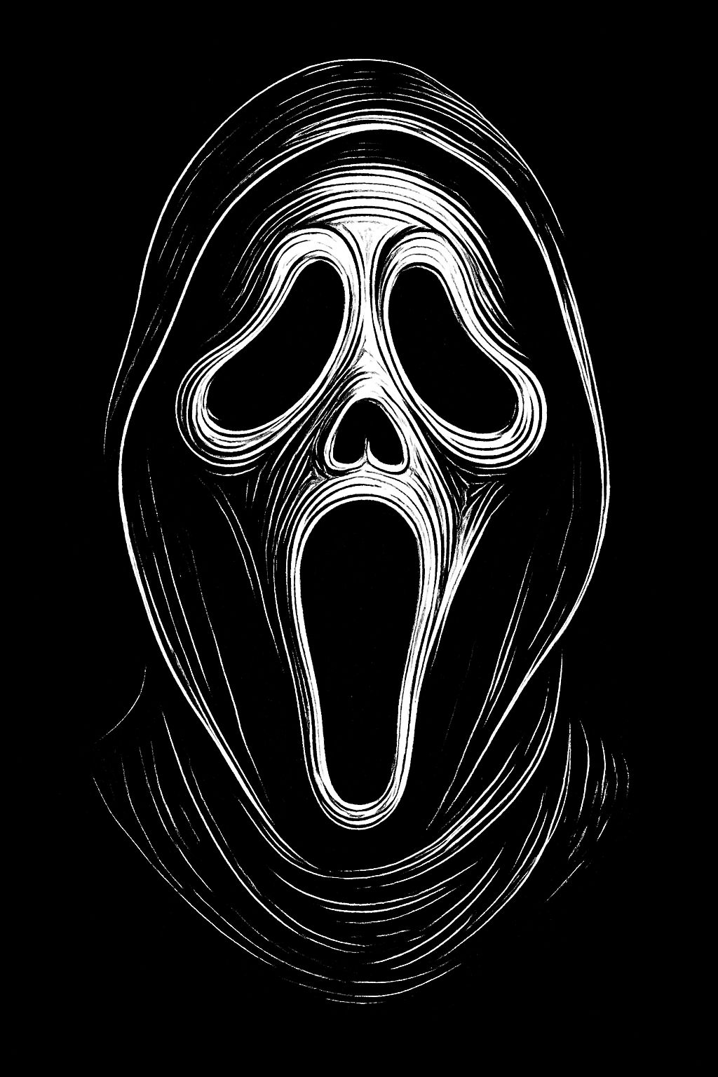 Striking Black and White Ghost Face Mask Illustration Art