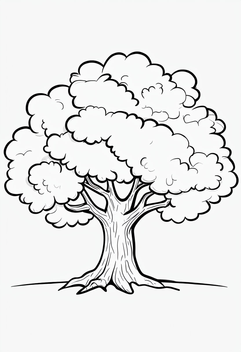 Whimsical Black and White Tree Line Drawing Coloring Book Page