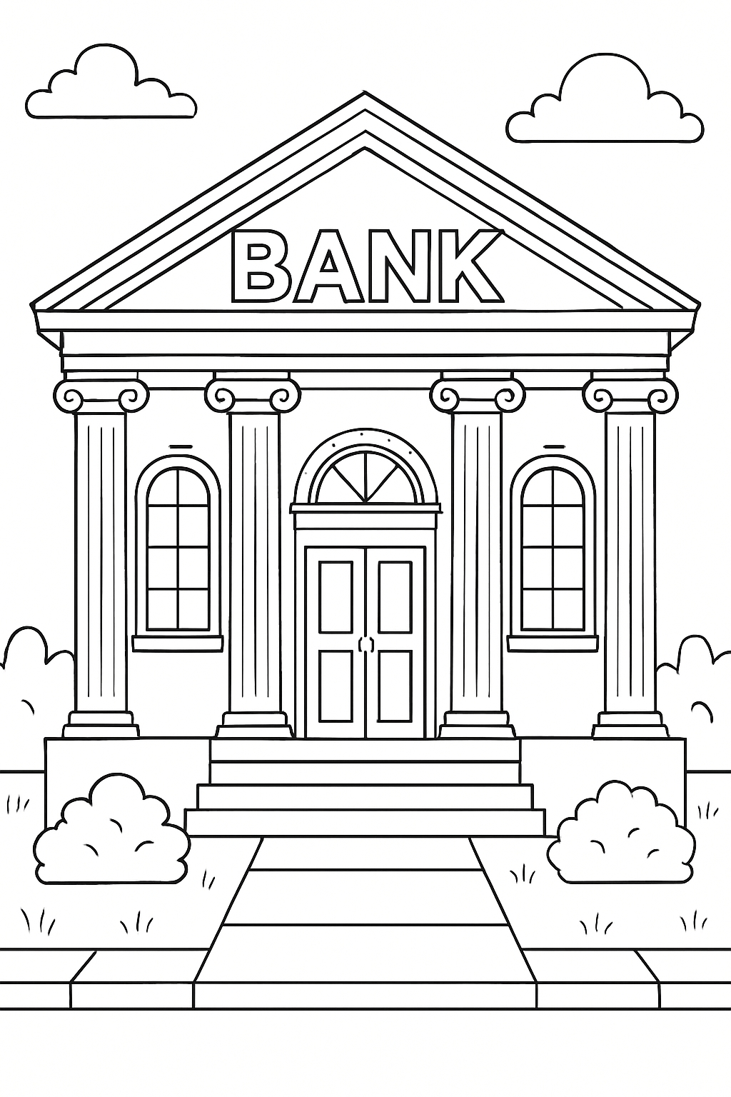 Classical Bank Building Black and White Line Drawing Coloring Book Pages