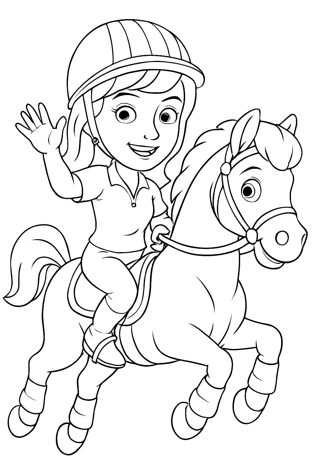 Young Girl Riding Happy Horse Cartoon Line Drawing Coloring Page