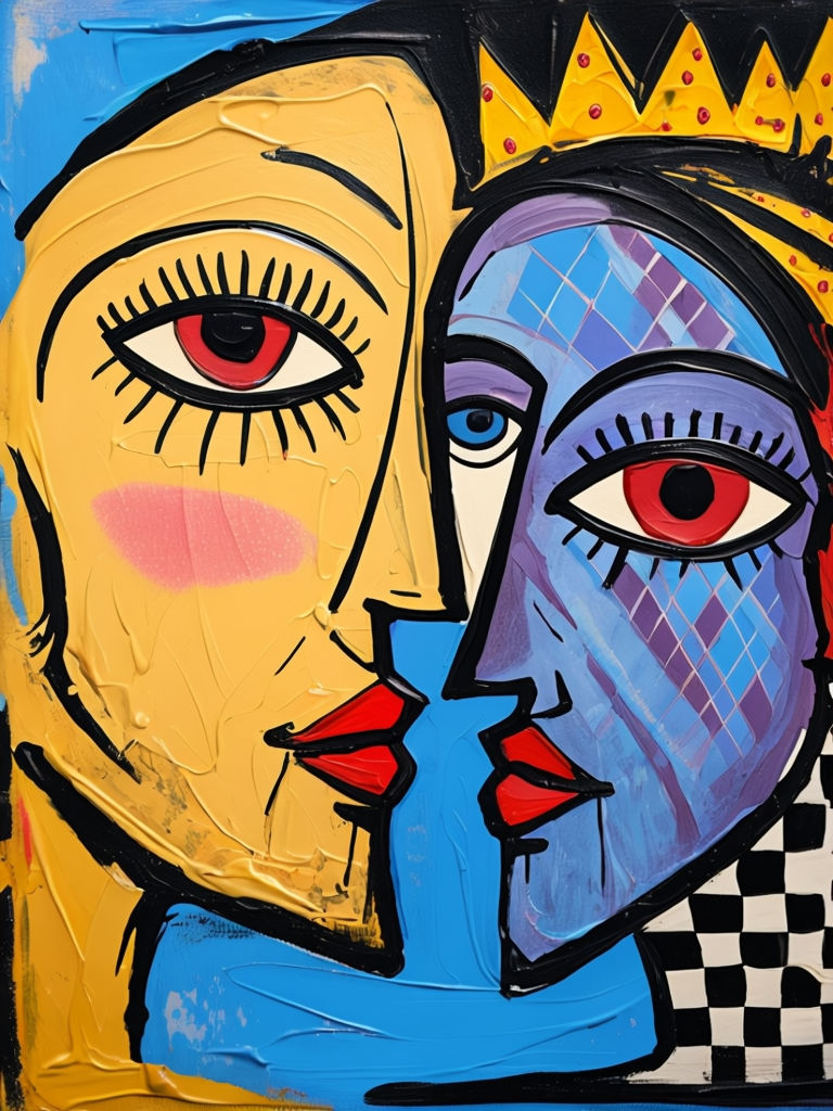 Vivid Abstract Expressionist Painting of Two Stylized Faces Art