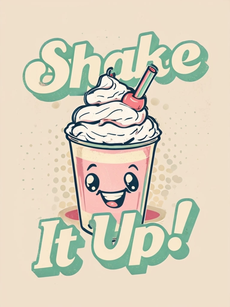 Playful Retro Milkshake Illustration with 'Shake It Up!' T-Shirt