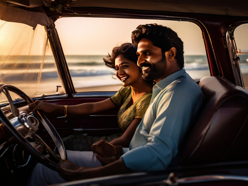 beautiful Indian wife and husband sitting in a car facing camera