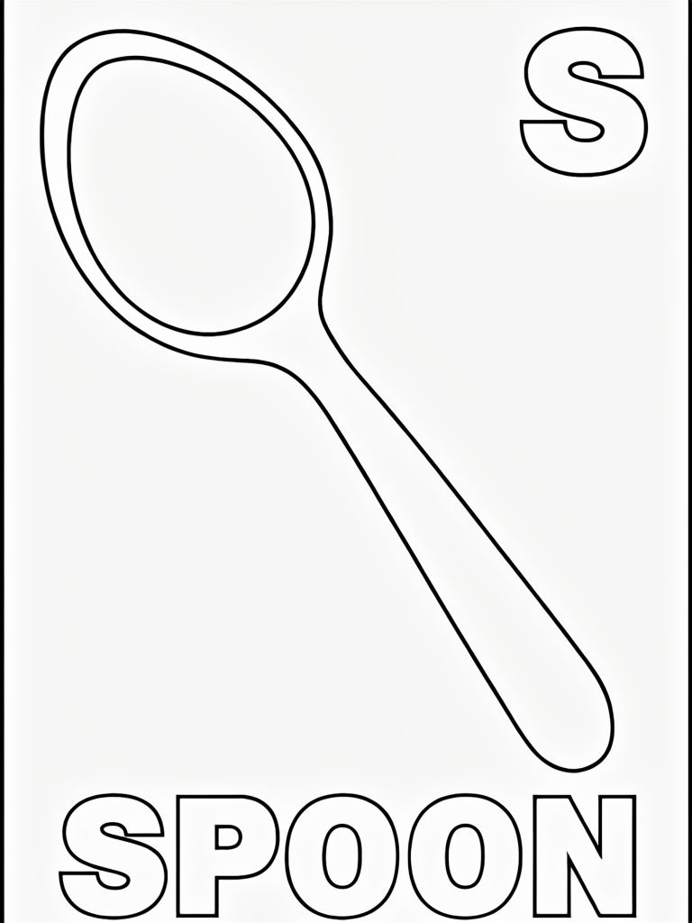 Black and White Spoon Coloring Page for Kids Learning "S" Coloring Book Pages