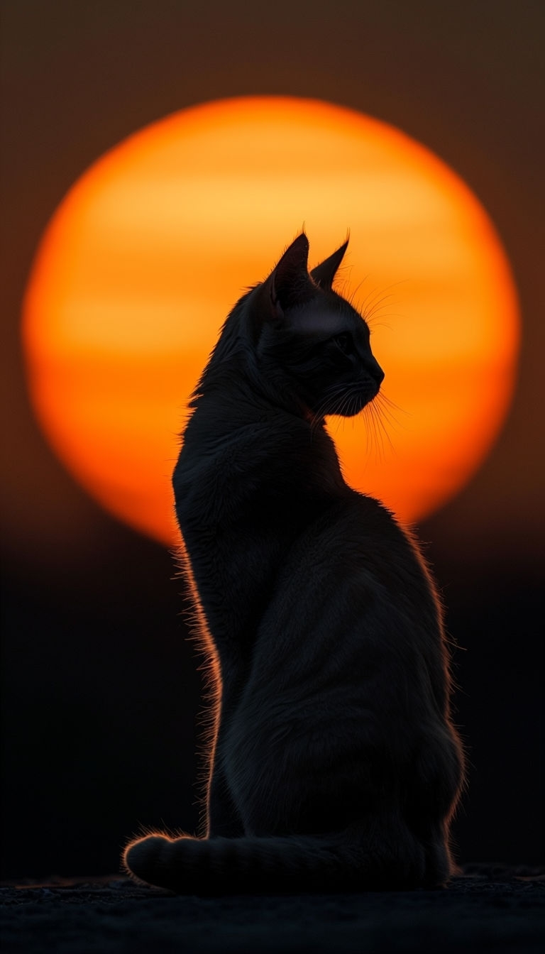 Elegant Cat Silhouette Against Vibrant Orange Sunset Mobile Wallpaper