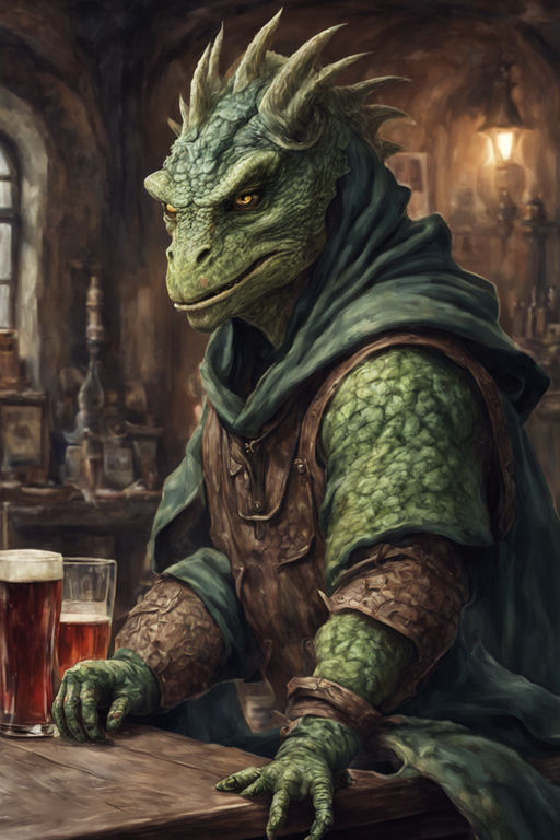 A Lizardman with a hood portrait style close up sitting on a&mldr; by
