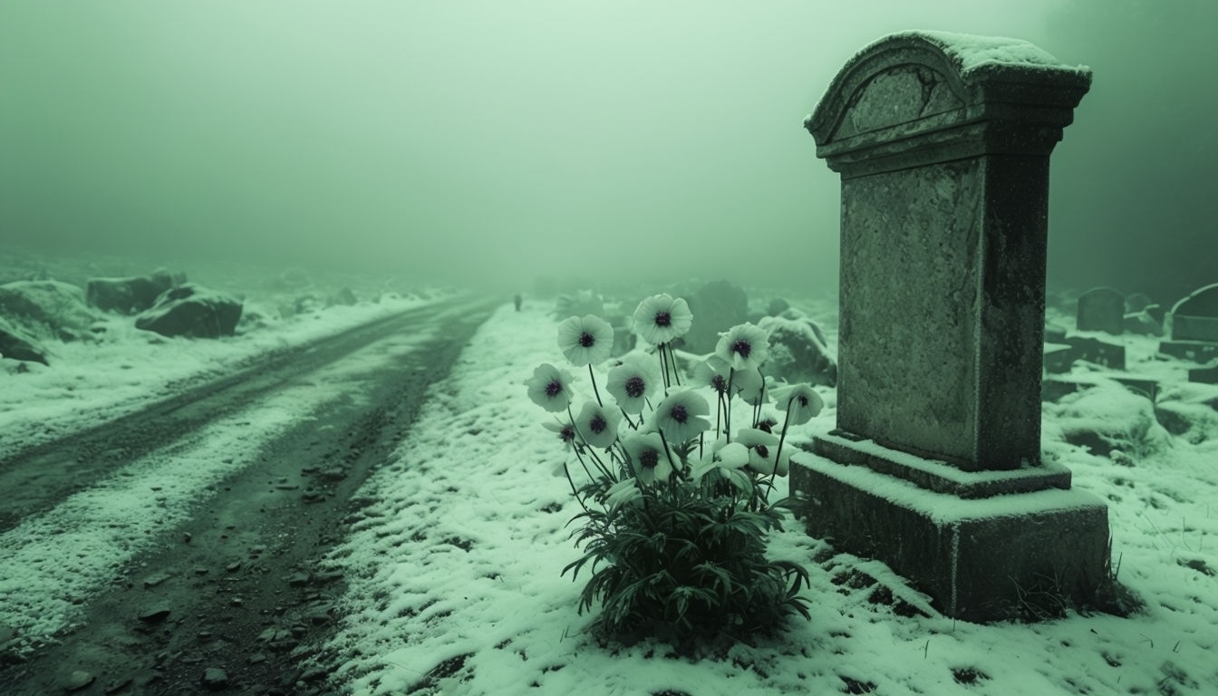 Eerie Winter Graveyard Scene with Flowers and Fog Virtual Background