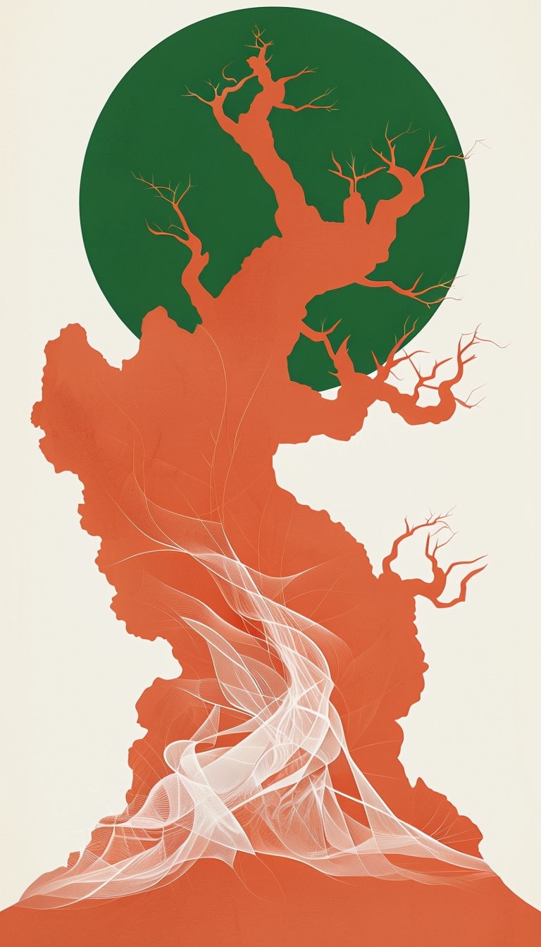 Terracotta Tree Silhouette with Intricate Line Patterns Mobile Wallpaper
