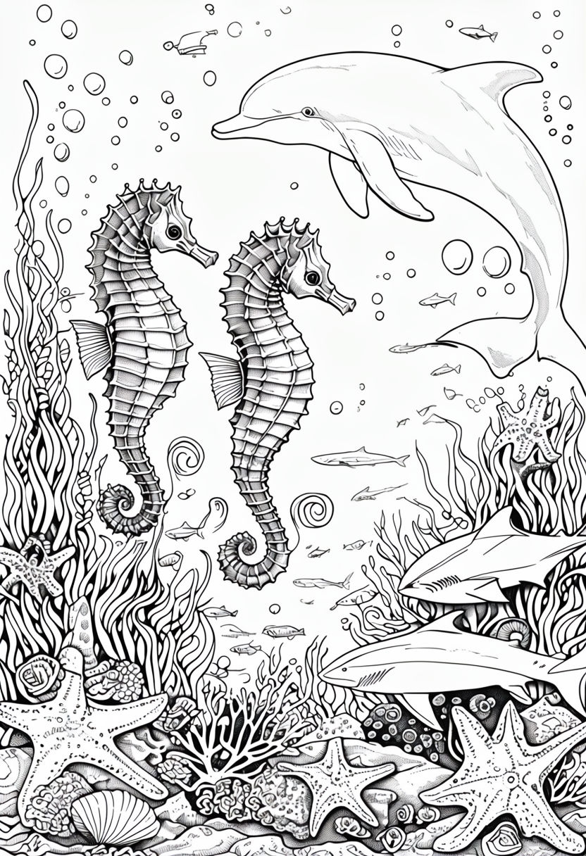 Intricate Black and White Underwater Scene with Seahorses Coloring Page