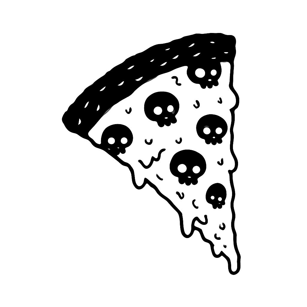 Eerie Black and White Pizza Slice with Skull Toppings Sticker
