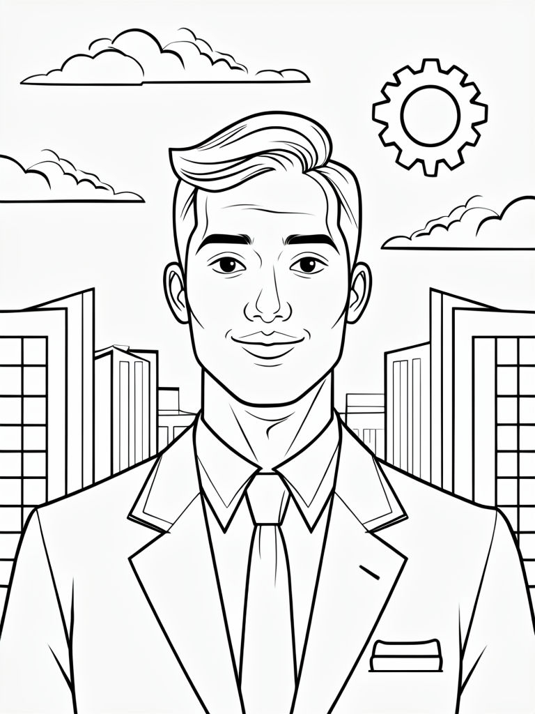 Minimalist Line Drawing of a Suited Man with Urban Background Coloring Book Pages