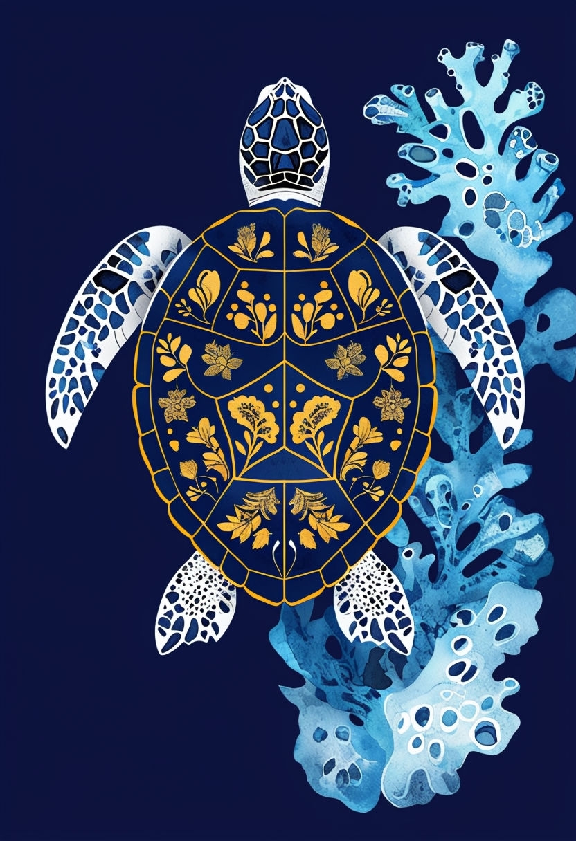 Stylized Navy Blue Turtle with Floral Patterns Art