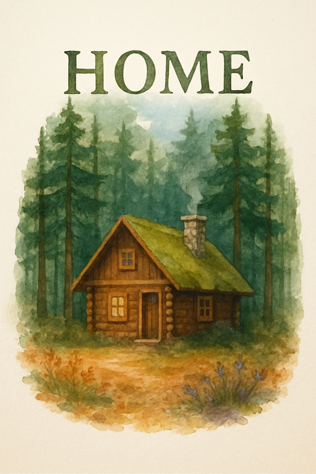 Serene Log Cabin Watercolor with HOME Lettering T-Shirt