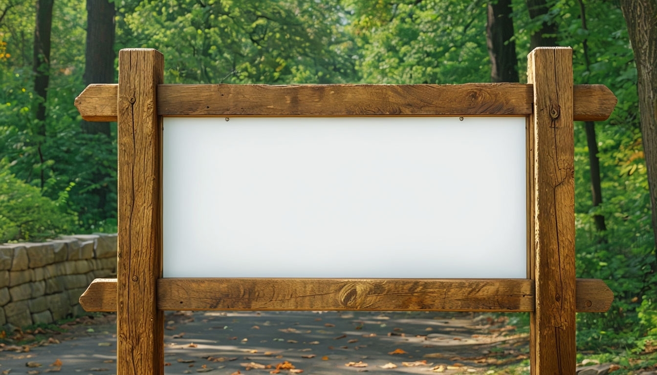 Rustic Wooden Sign in Tranquil Outdoor Park Scene Mockup
