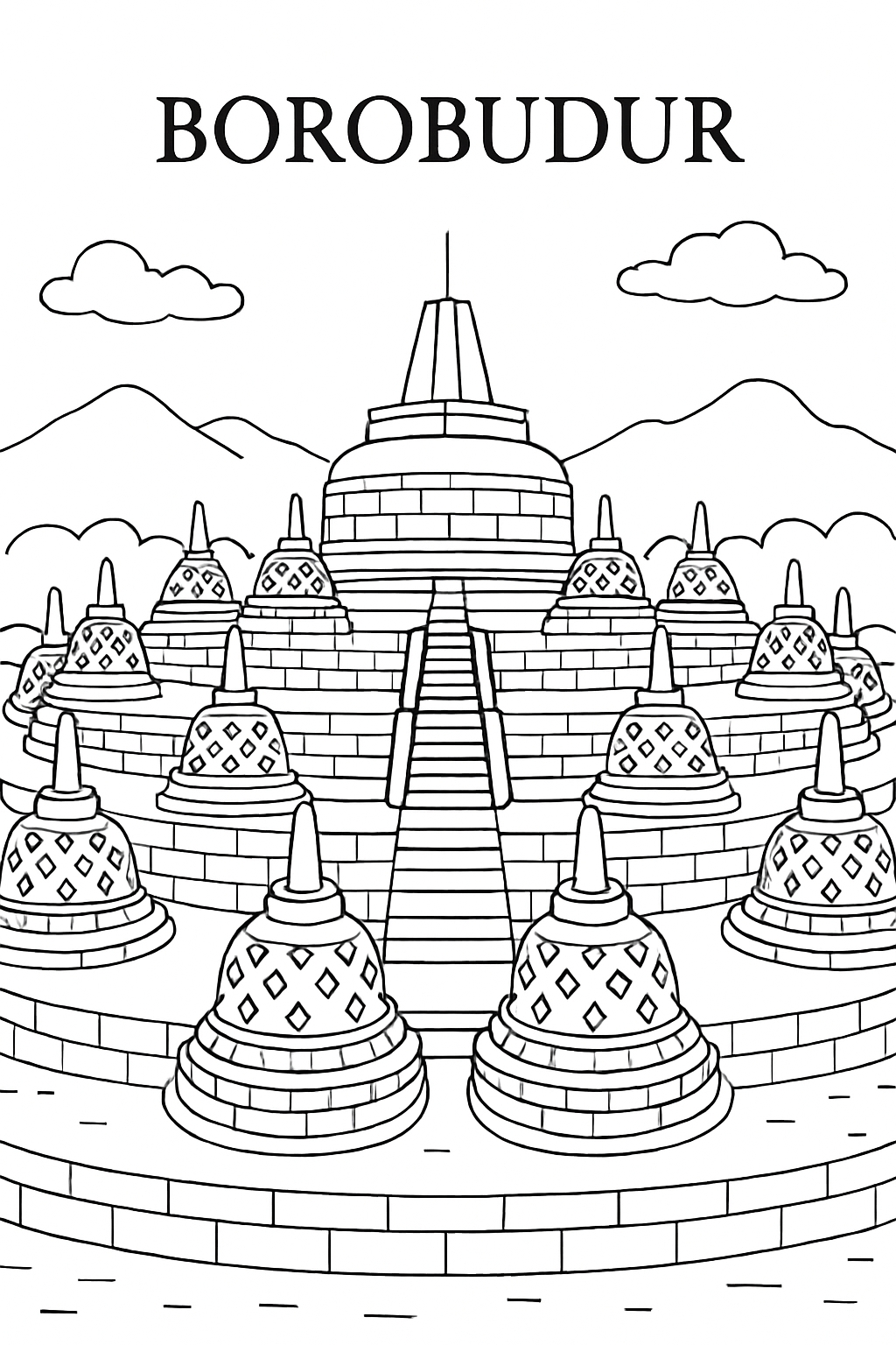 Borobudur Temple Black and White Line Drawing Coloring Page