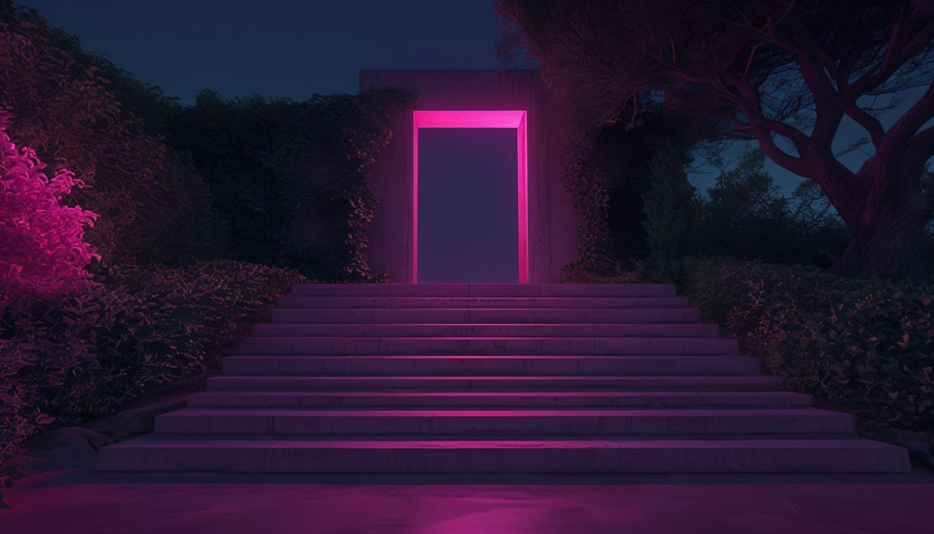 Surreal Neon Pink Doorway with Concrete Steps Virtual Background