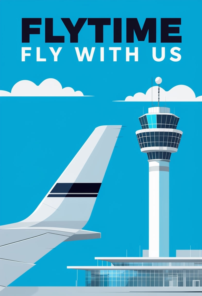 Modern Airline Promotional FLYTIME Poster with Airplane and Control Tower