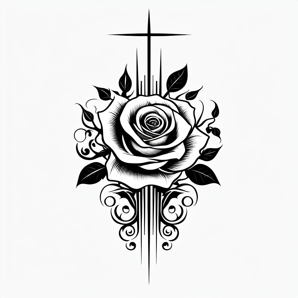 Symmetrical Black and White Rose Vector Art Illustration