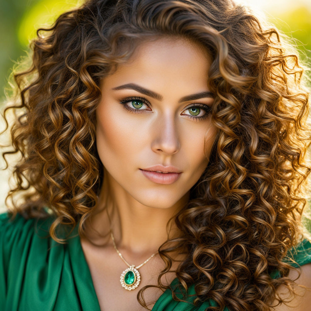 spanish woman with long brown curly hair and green eyes and smile and big  breast