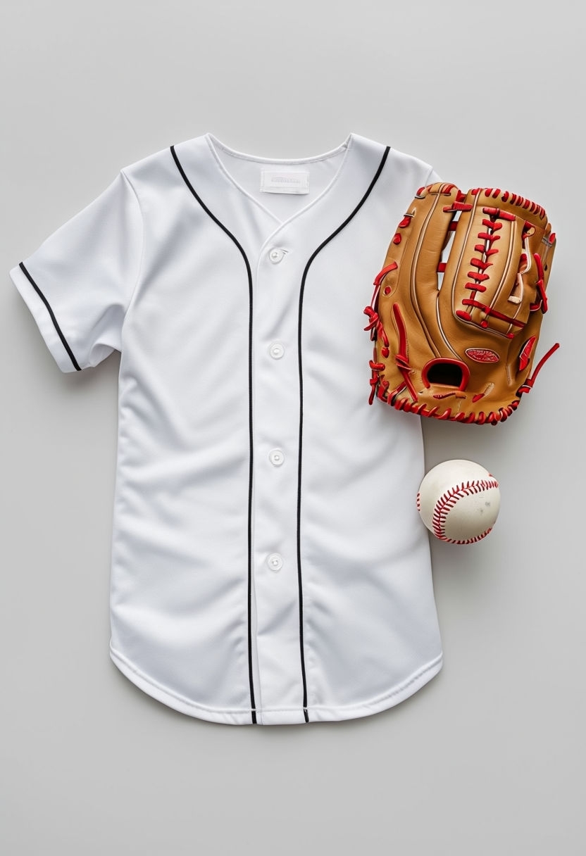 Child's White Baseball Jersey with Glove and Ball Mockup