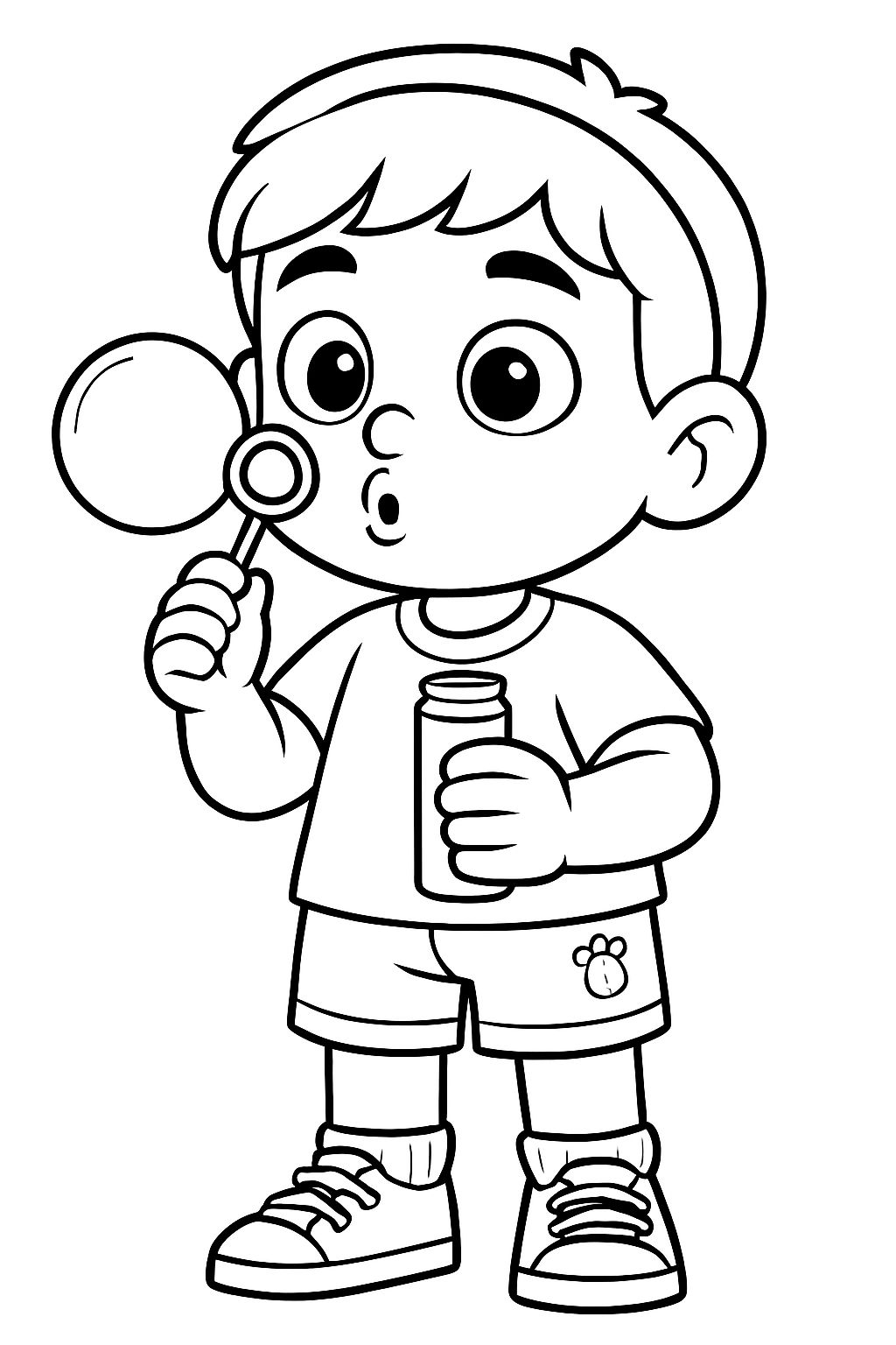Cartoon Boy Blowing Bubbles Line Drawing Coloring Page