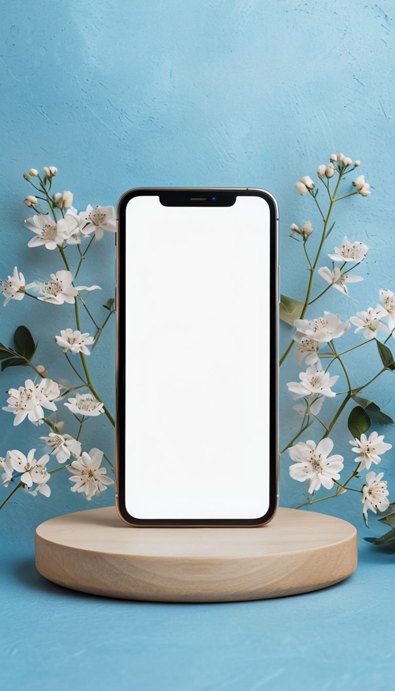 Minimalist Smartphone on Wooden Stand with Flowers Mockup