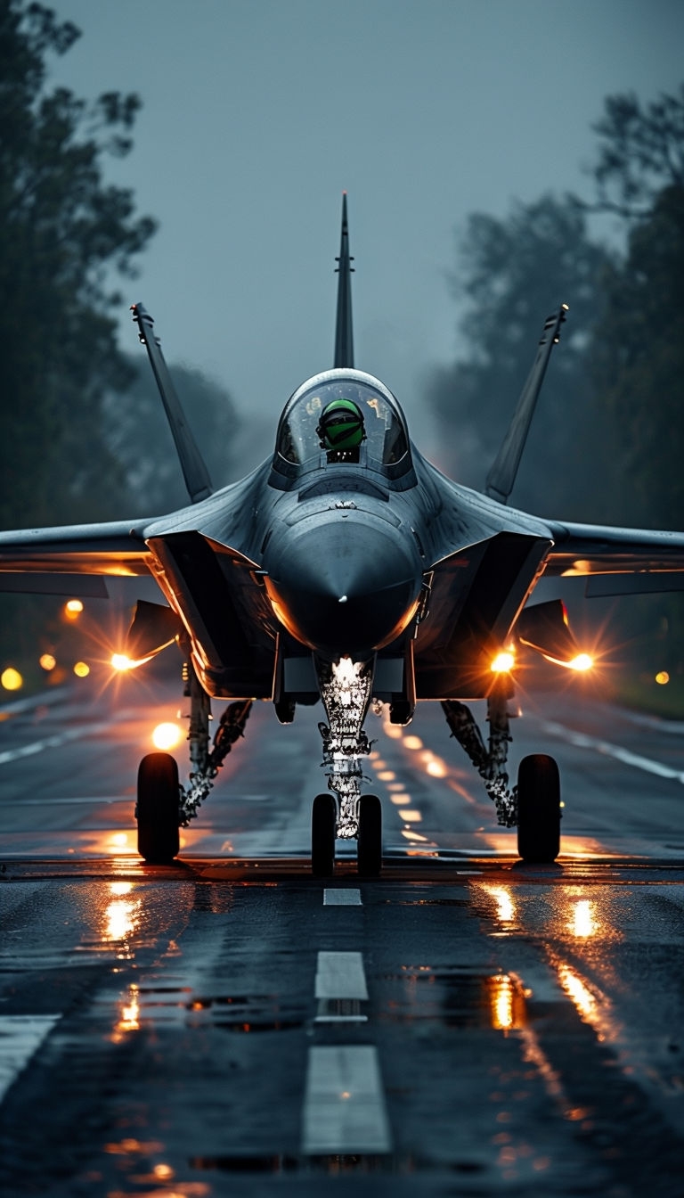 Dramatic Fighter Jet on Wet Runway in Evening Light Mobile Wallpaper