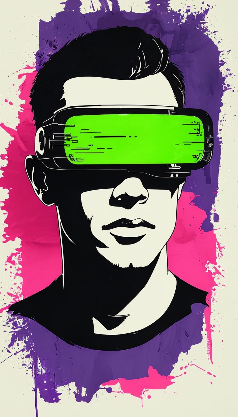 Futuristic Man with Cyberpunk Visor in Neon and Abstract Background Mobile Wallpaper
