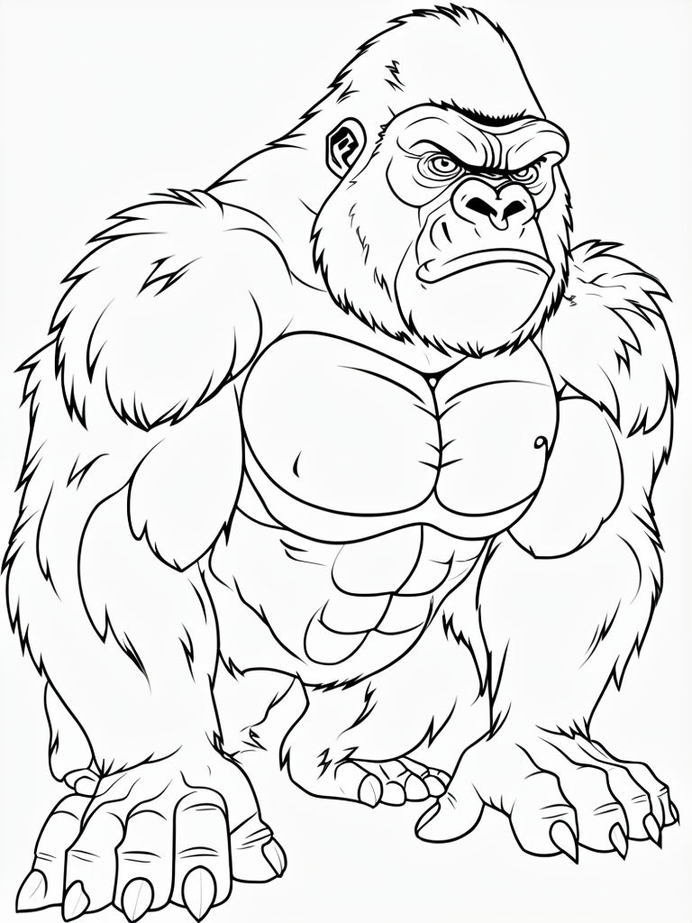 Detailed Black and White Gorilla Outline Drawing for Coloring Book Pages