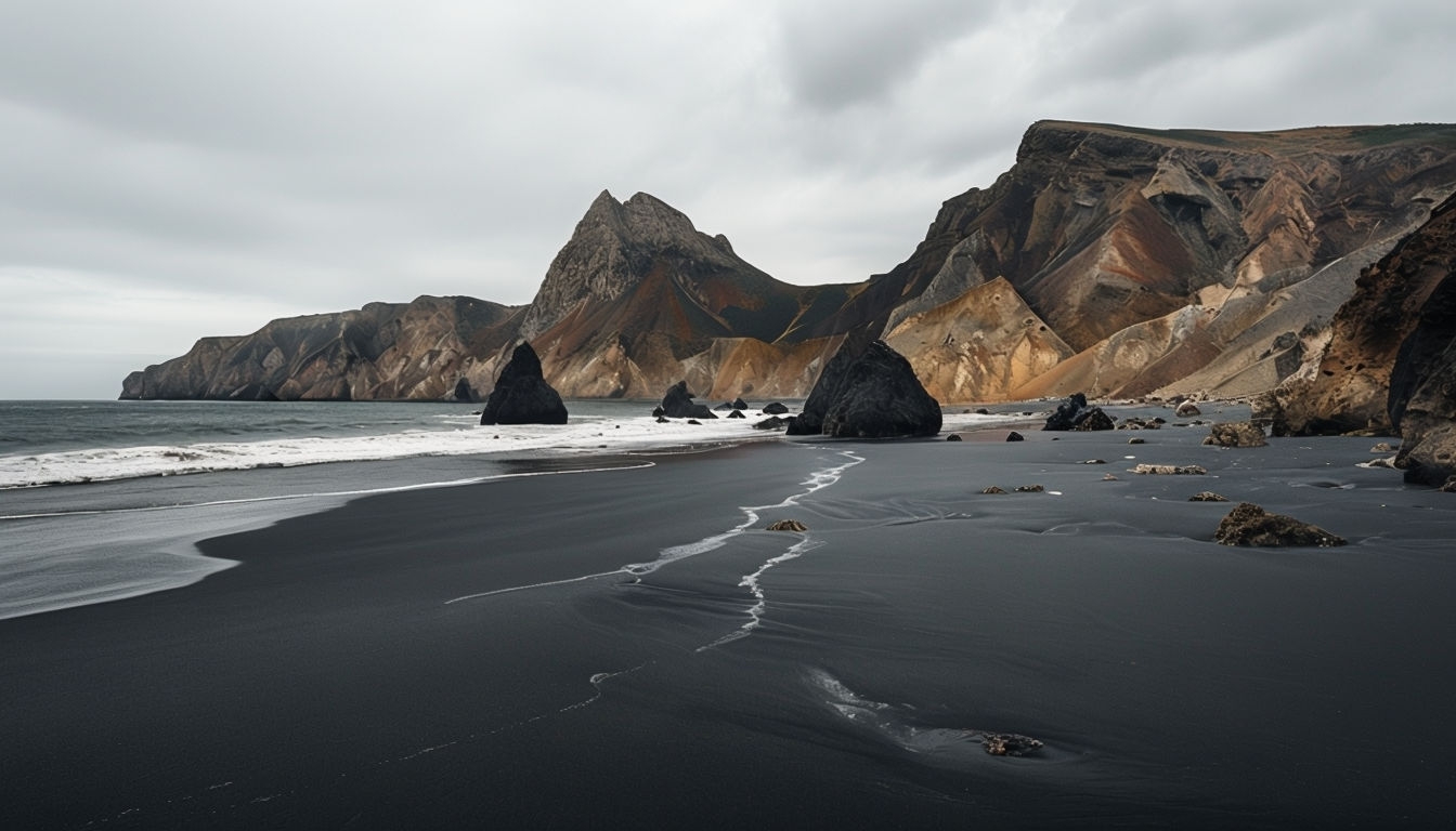 Serene Coastal Landscape with Charcoal Sand Beach Virtual Backgrounds